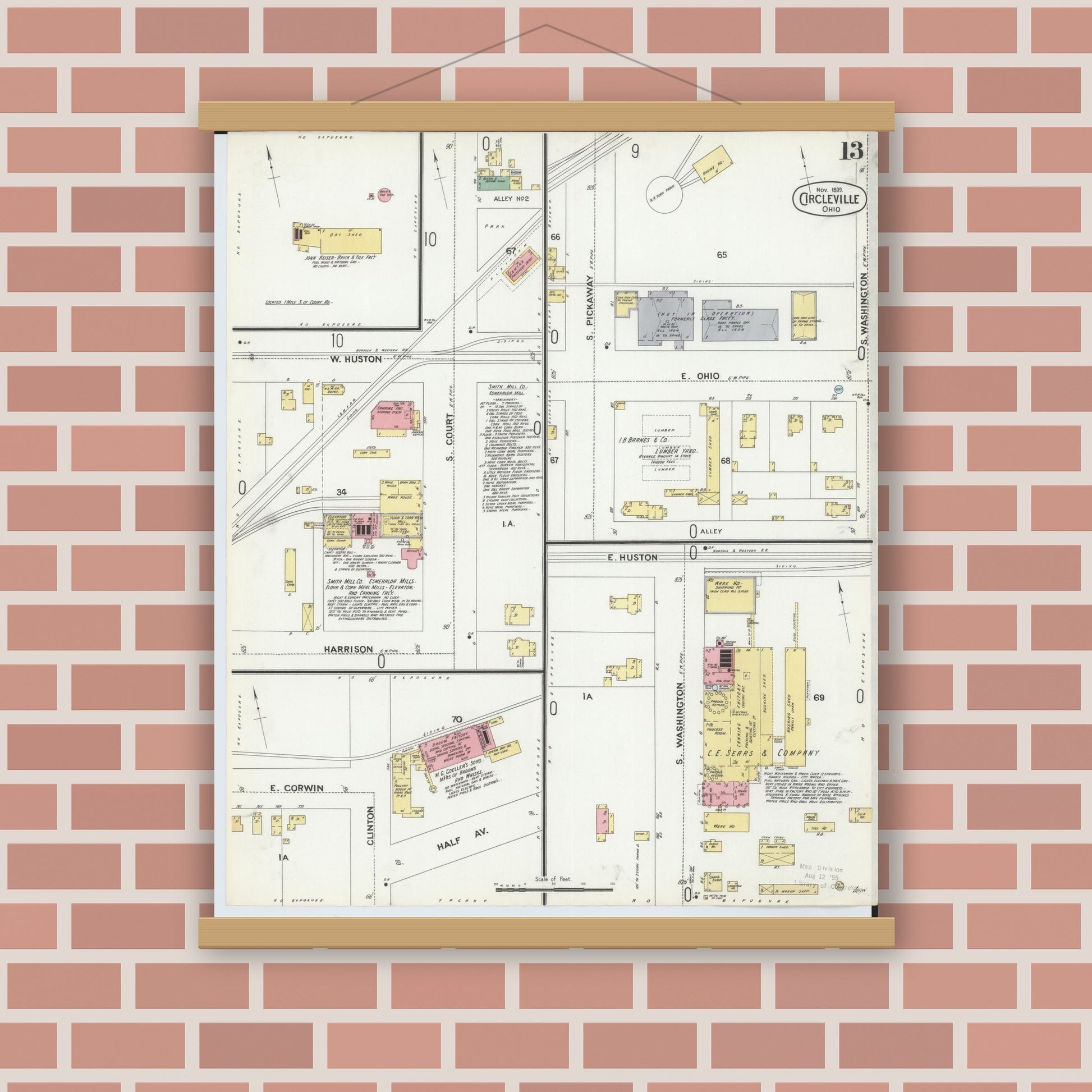 Old map wall art mockup — magnetic wood frame on brick wall — Sanborn Fire Insurance Map from Circleville, Pickaway County, Ohio (1899), Sheet #0013