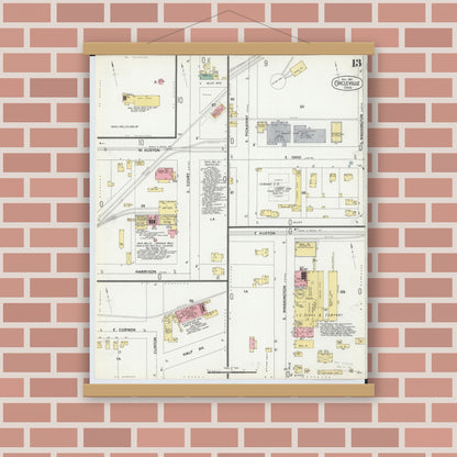 Old map wall art mockup — magnetic wood frame on brick wall — Sanborn Fire Insurance Map from Circleville, Pickaway County, Ohio (1899), Sheet #0013