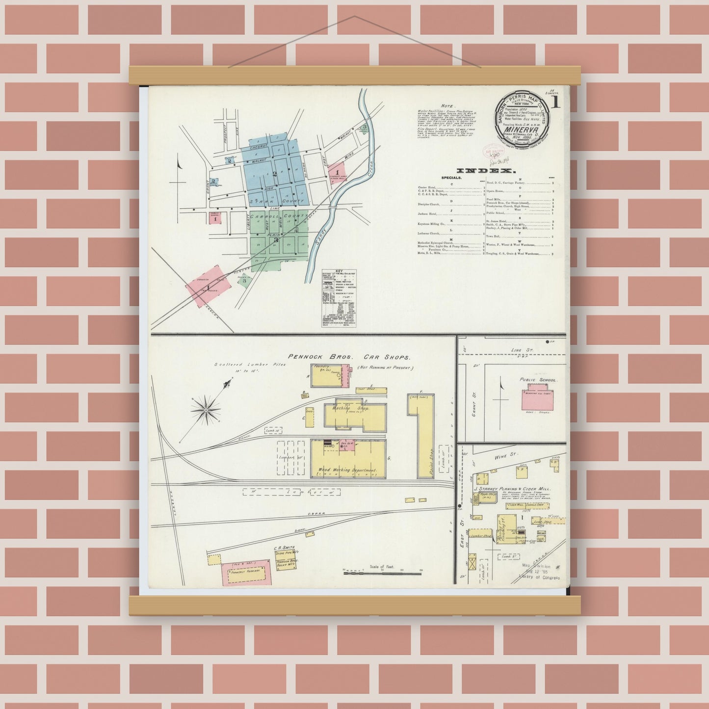 Old map wall art mockup — magnetic wood frame on brick wall — Sanborn Fire Insurance Map from Minerva, Stark And Carroll Counties, Ohio (1895), Sheet #0001