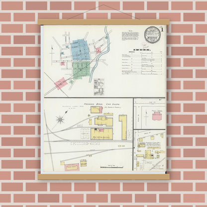 Old map wall art mockup — magnetic wood frame on brick wall — Sanborn Fire Insurance Map from Minerva, Stark And Carroll Counties, Ohio (1895), Sheet #0001
