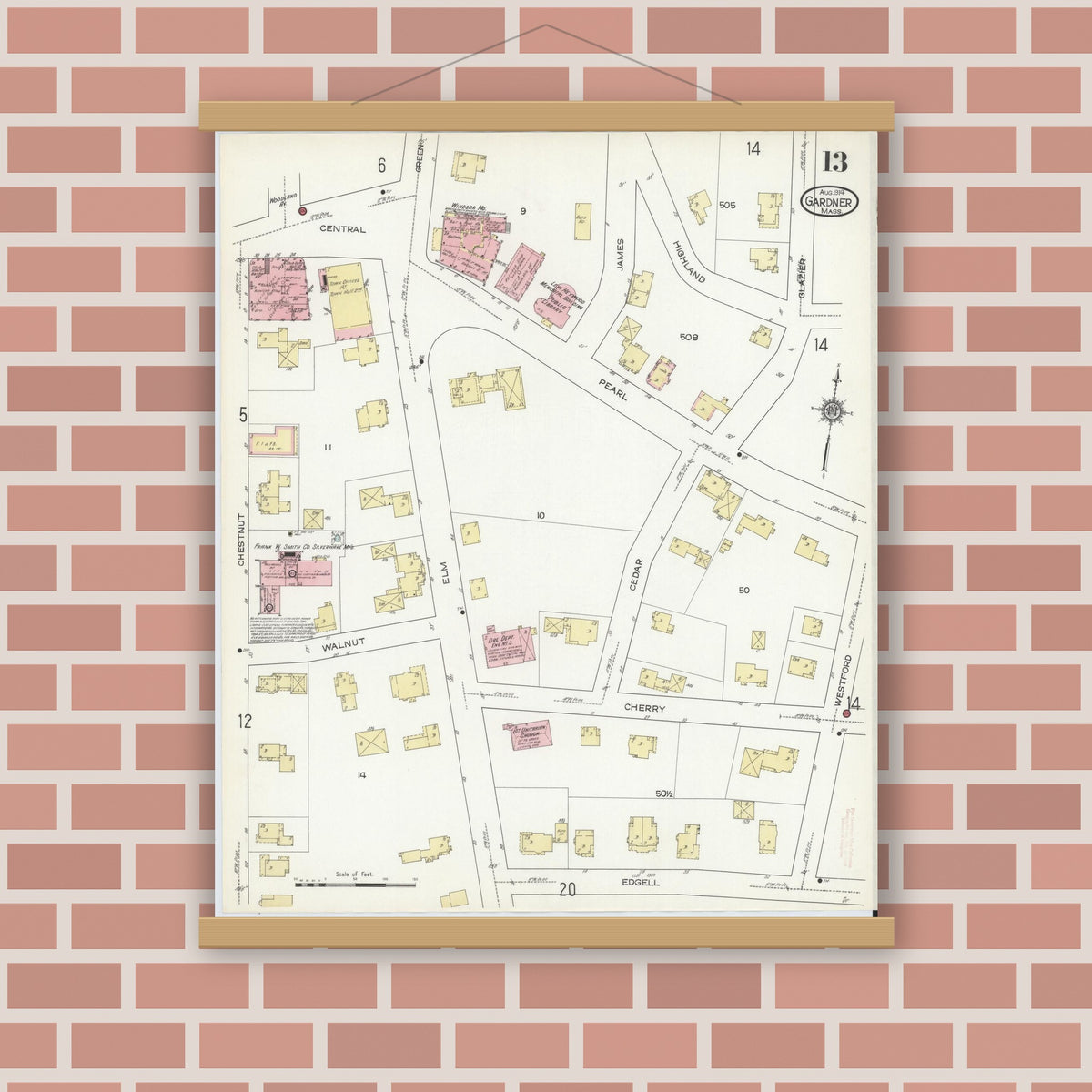 Old map wall art mockup — magnetic wood frame on brick wall — Sanborn Fire Insurance Map from Gardner, Worcester County, Massachusetts (1914), Sheet #0013