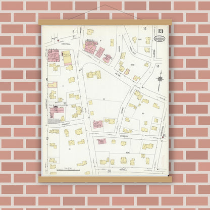 Old map wall art mockup — magnetic wood frame on brick wall — Sanborn Fire Insurance Map from Gardner, Worcester County, Massachusetts (1914), Sheet #0013