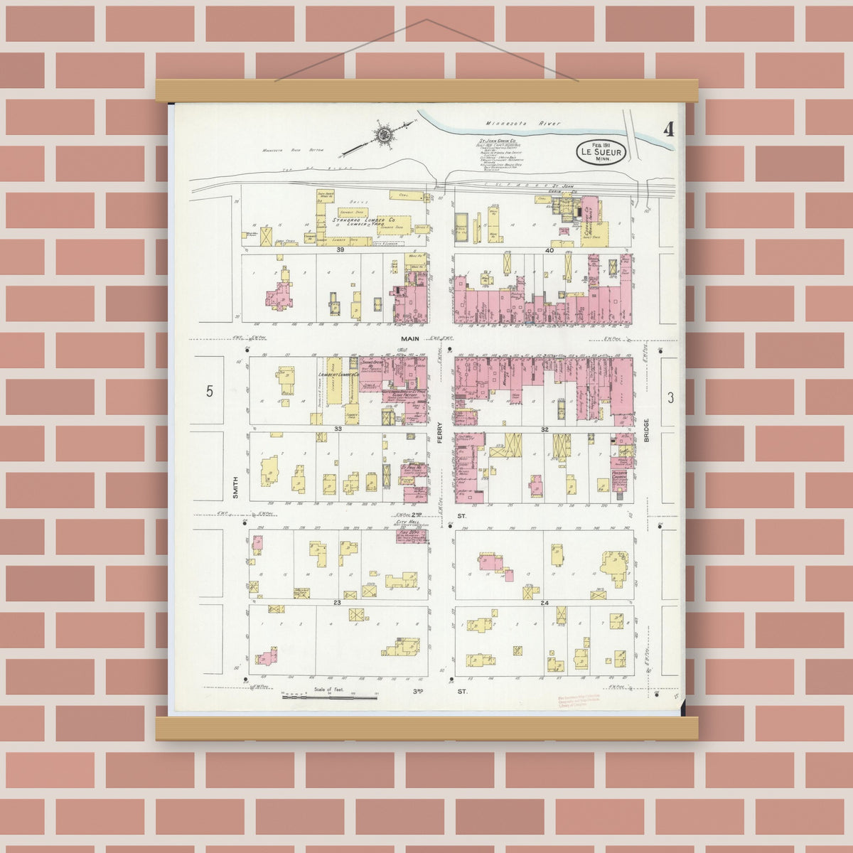 Old map wall art mockup — magnetic wood frame on brick wall — Sanborn Fire Insurance Map from Le Sueur, Le Sueur County, Minnesota (1911), Sheet #0004
