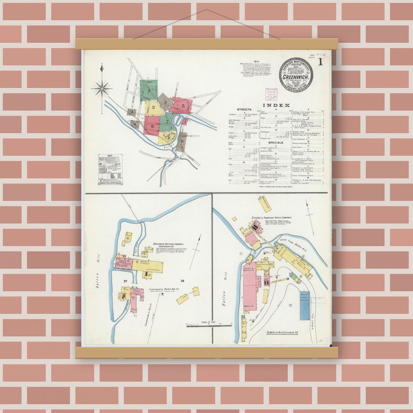 Old map wall art mockup — magnetic wood frame on brick wall — Sanborn Fire Insurance Map from Greenwich, Washington County, New York (1907) - Complete Map Set