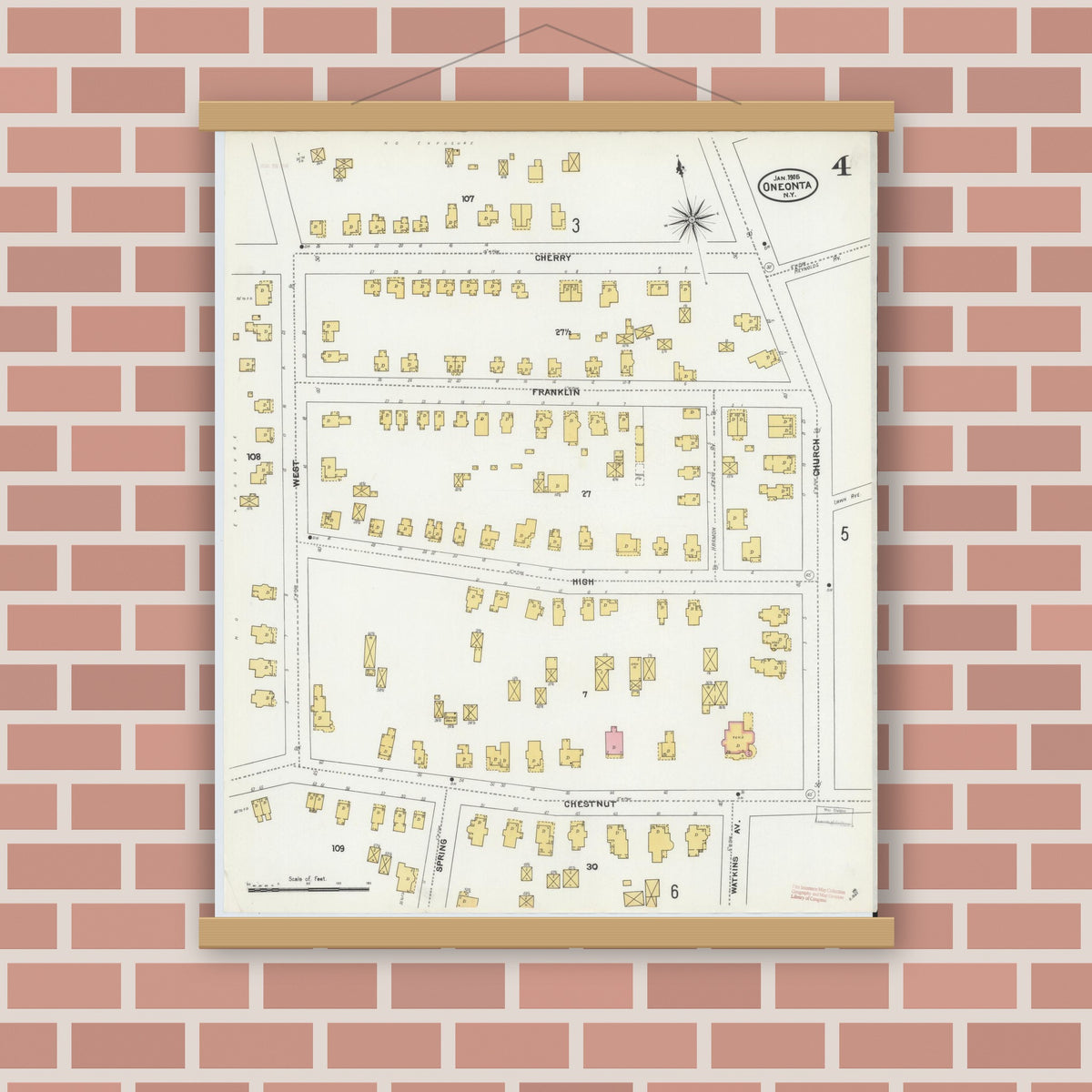 Old map wall art mockup — magnetic wood frame on brick wall — Sanborn Fire Insurance Map from Oneonta, Otsego County, New York (1905), Sheet #0004