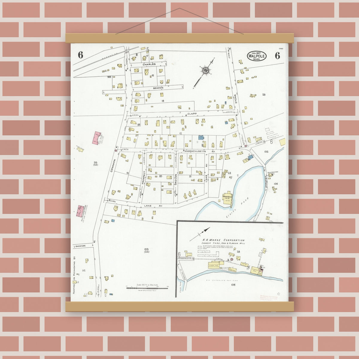 Old map wall art mockup — magnetic wood frame on brick wall — Sanborn Fire Insurance Map from Walpole, Norfolk County, Massachusetts (1927), Sheet #0006