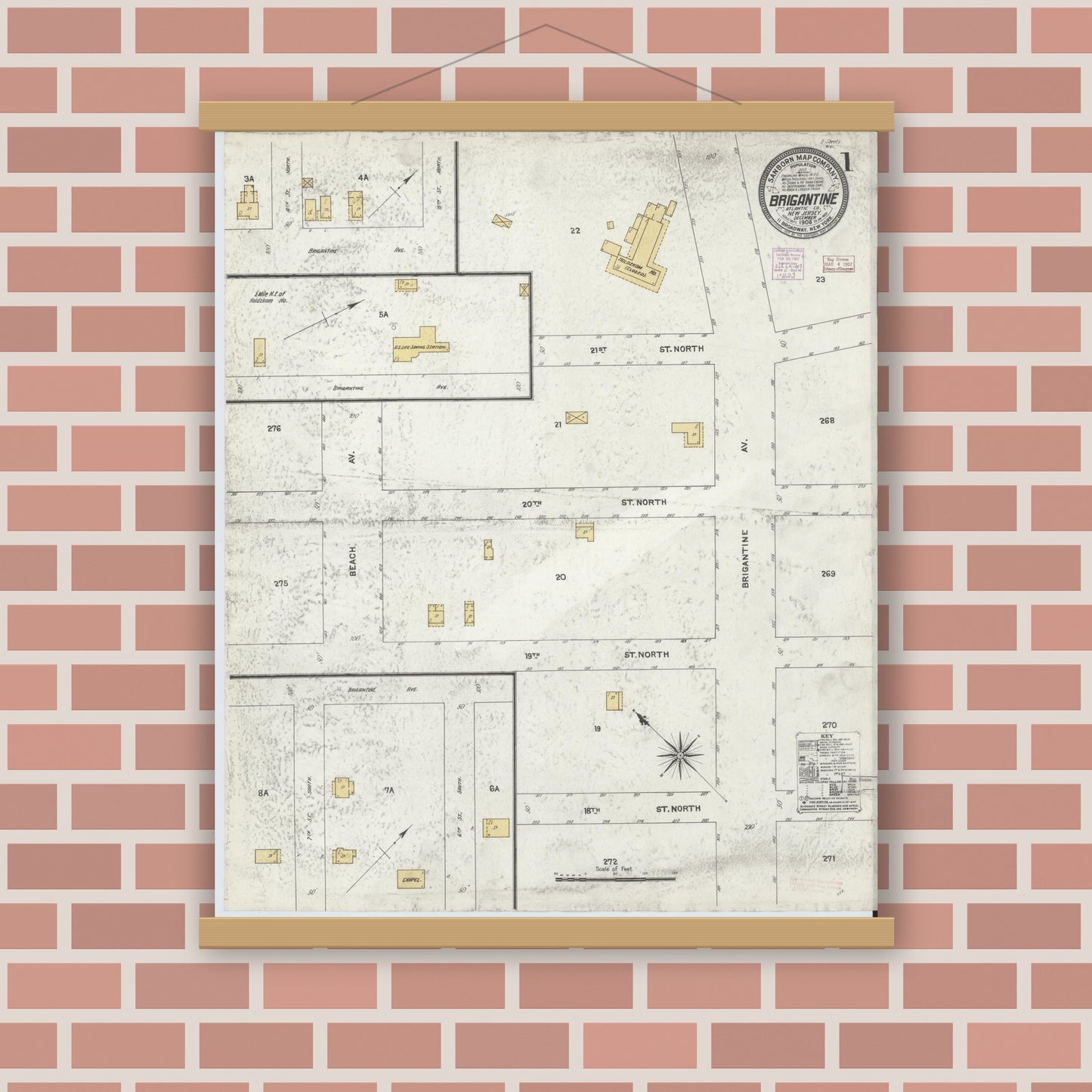 Old map wall art mockup — magnetic wood frame on brick wall — Sanborn Fire Insurance Map from Brigantine, Atlantic County, New Jersey (1906) - Complete Map Set