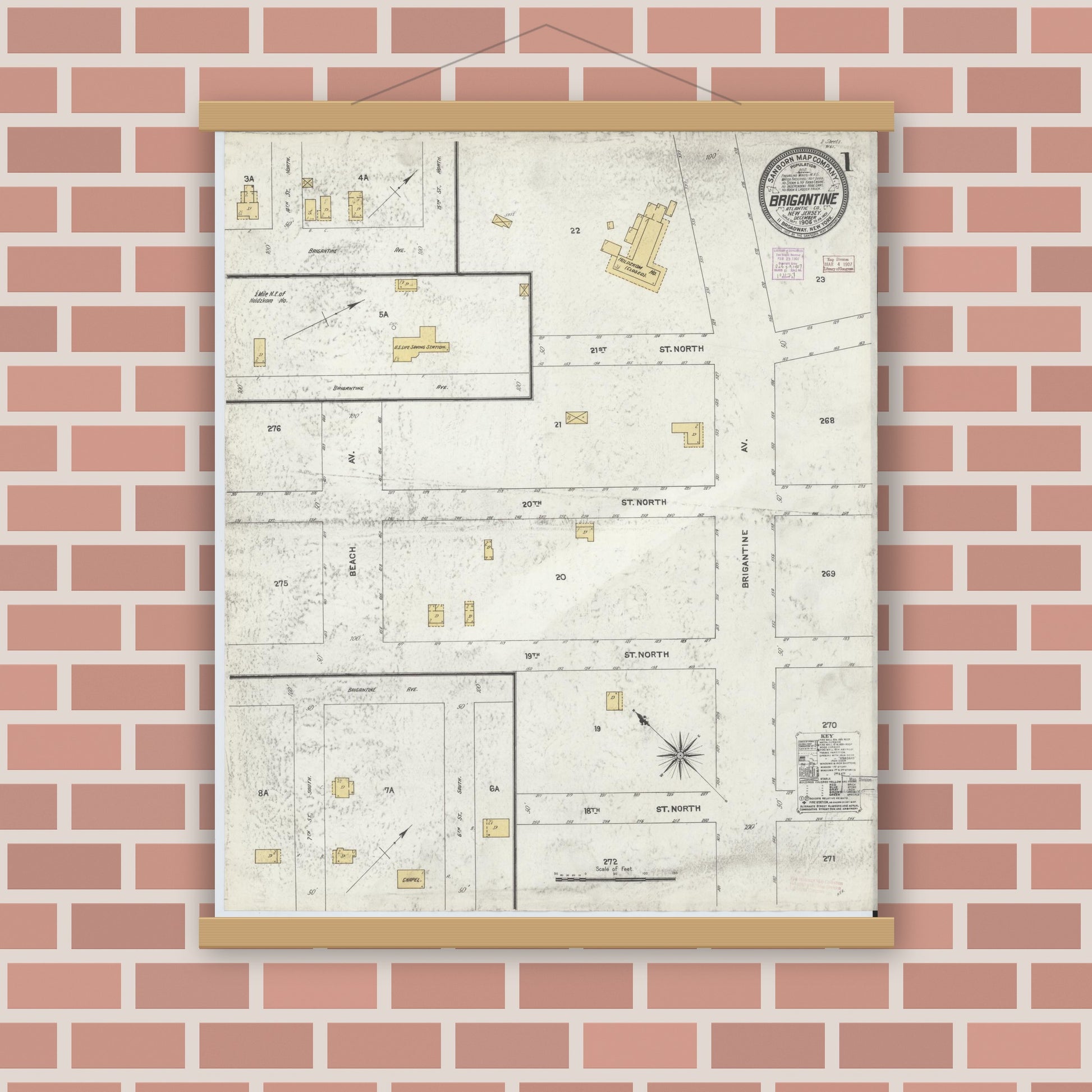 Old map wall art mockup — magnetic wood frame on brick wall — Sanborn Fire Insurance Map from Brigantine, Atlantic County, New Jersey (1906) - Complete Map Set