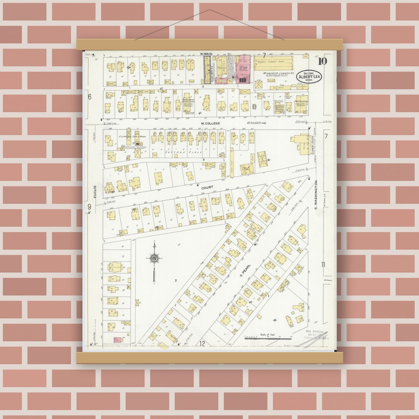 Old map wall art mockup — magnetic wood frame on brick wall — Sanborn Fire Insurance Map from Albert Lea, Freeborn County, Minnesota (1910), Sheet #0010