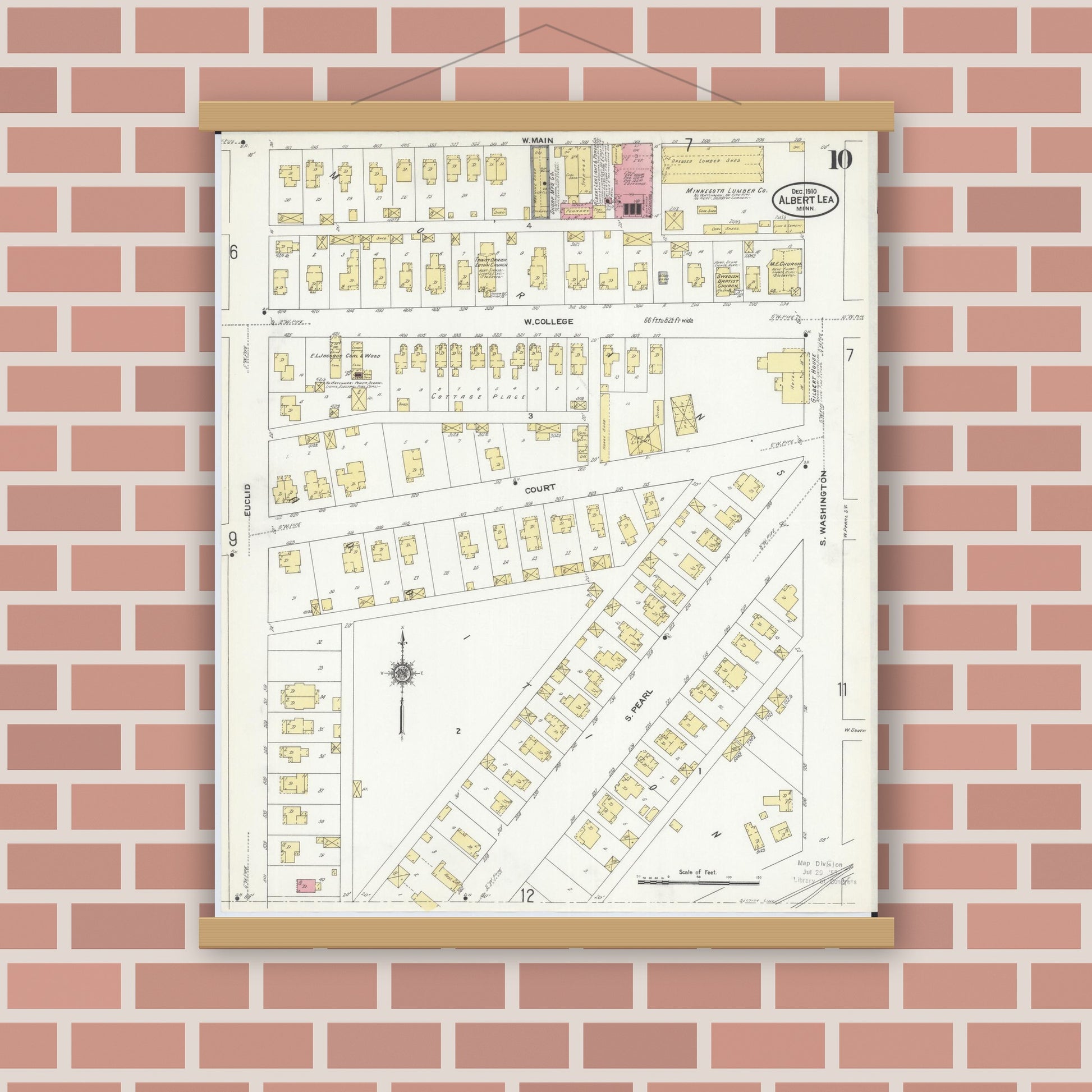 Old map wall art mockup — magnetic wood frame on brick wall — Sanborn Fire Insurance Map from Albert Lea, Freeborn County, Minnesota (1910), Sheet #0010