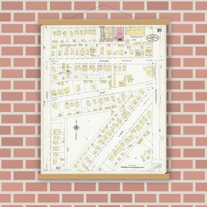 Old map wall art mockup — magnetic wood frame on brick wall — Sanborn Fire Insurance Map from Albert Lea, Freeborn County, Minnesota (1910), Sheet #0010