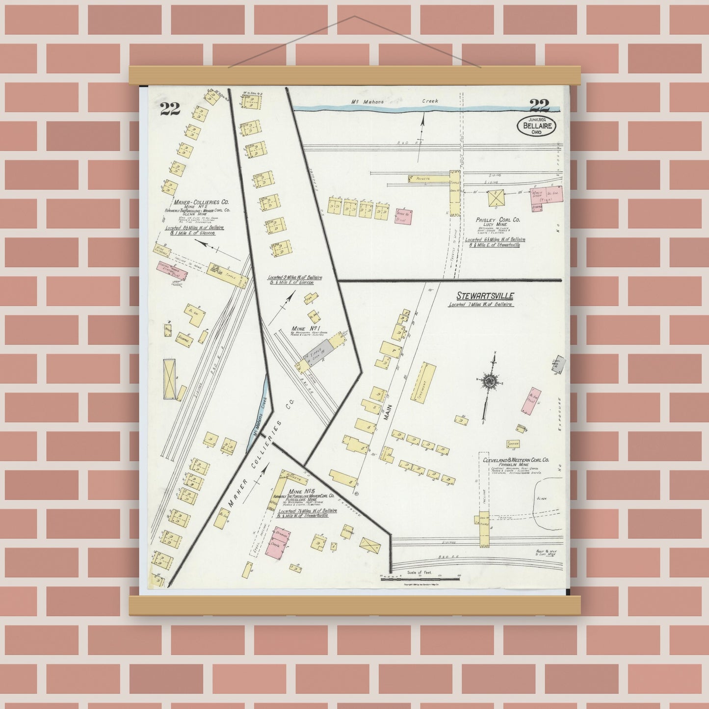 Old map wall art mockup — magnetic wood frame on brick wall — Sanborn Fire Insurance Map from Bellaire, Belmont County, Ohio (1924), Sheet #0022