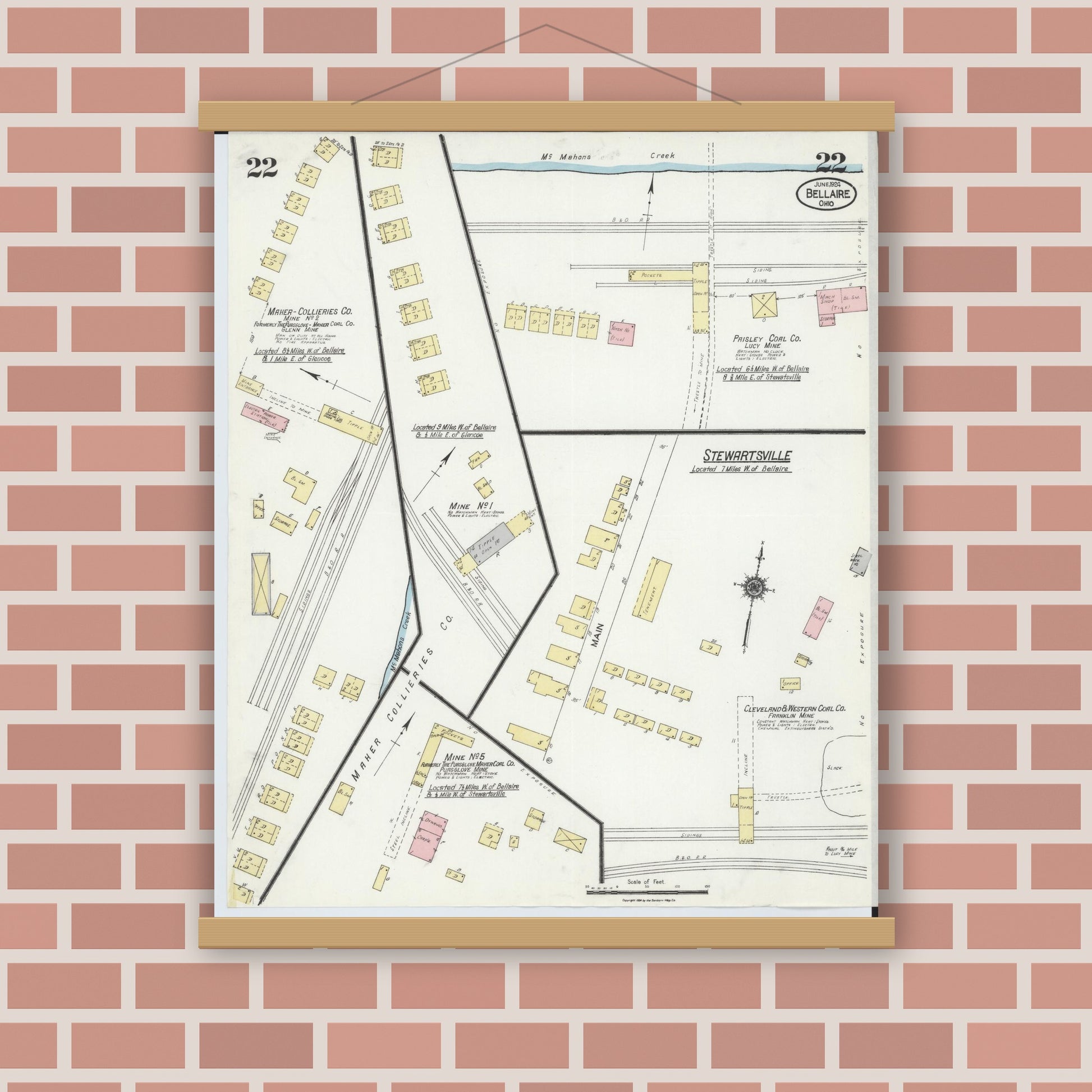 Old map wall art mockup — magnetic wood frame on brick wall — Sanborn Fire Insurance Map from Bellaire, Belmont County, Ohio (1924), Sheet #0022