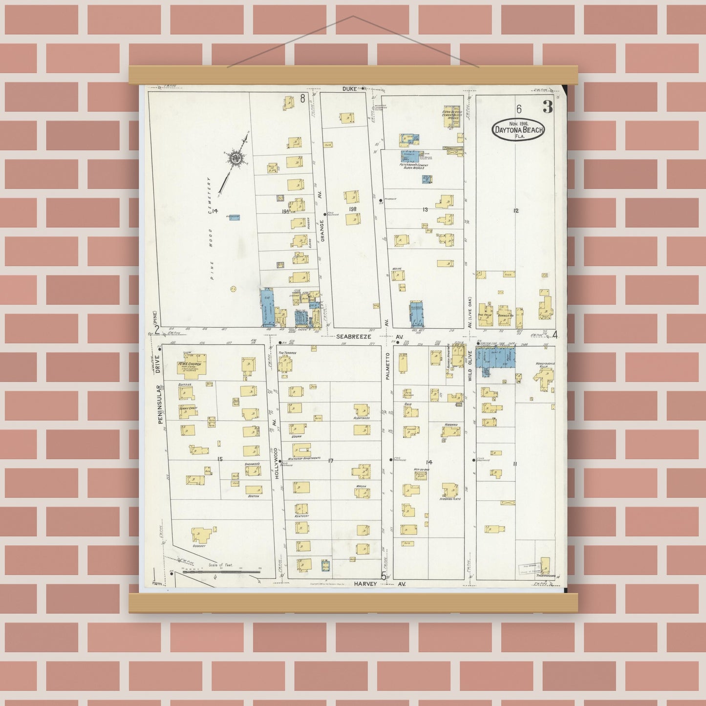 Old map wall art mockup — magnetic wood frame on brick wall — Sanborn Fire Insurance Map from Daytona Beach, Volusia County, Florida (1916), Sheet #0003