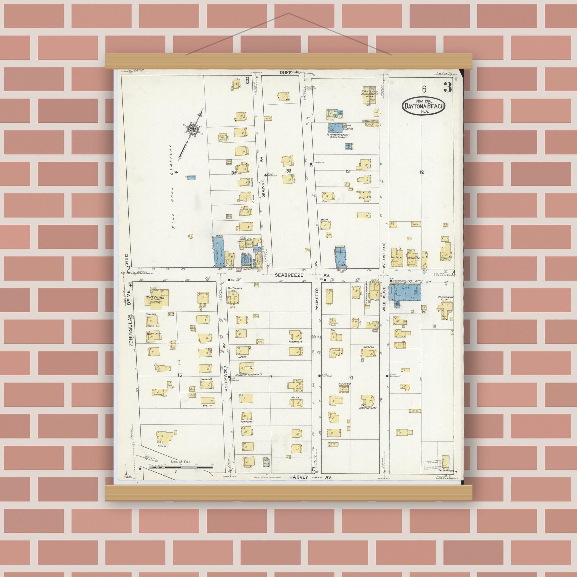 Old map wall art mockup — magnetic wood frame on brick wall — Sanborn Fire Insurance Map from Daytona Beach, Volusia County, Florida (1916), Sheet #0003