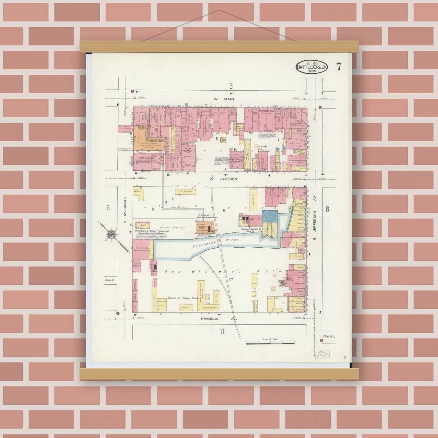 Old map wall art mockup — magnetic wood frame on brick wall — Sanborn Fire Insurance Map from Battle Creek, Calhoun County, Michigan (1913), Sheet #0007