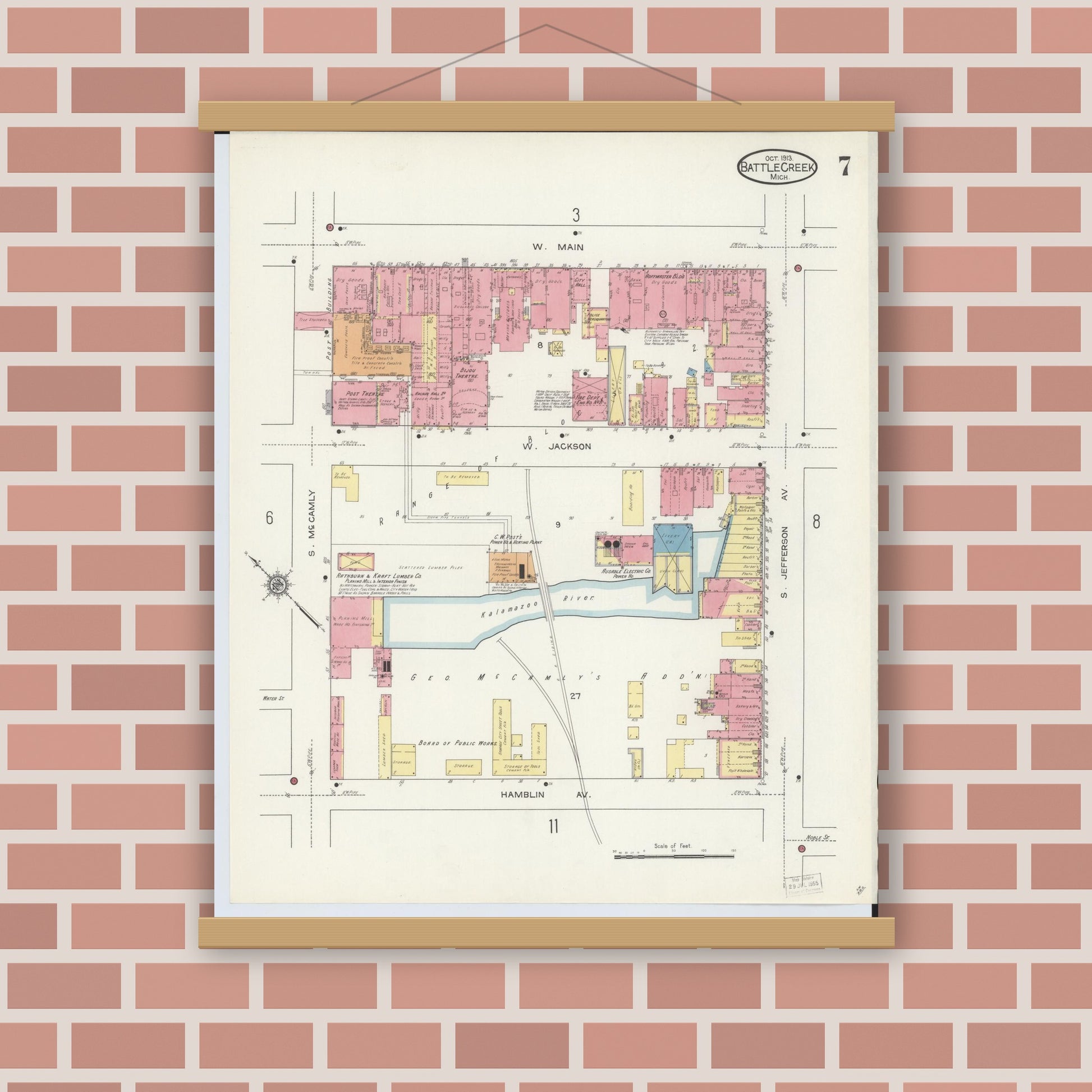 Old map wall art mockup — magnetic wood frame on brick wall — Sanborn Fire Insurance Map from Battle Creek, Calhoun County, Michigan (1913), Sheet #0007