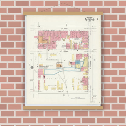 Old map wall art mockup — magnetic wood frame on brick wall — Sanborn Fire Insurance Map from Battle Creek, Calhoun County, Michigan (1913), Sheet #0007