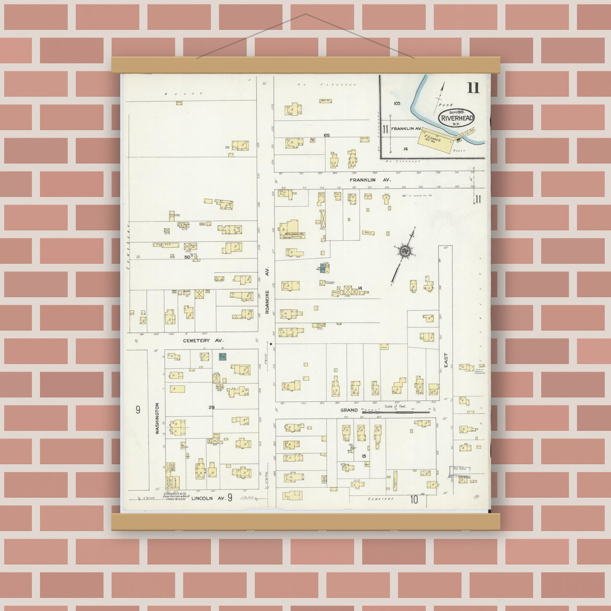 Old map wall art mockup — magnetic wood frame on brick wall — Sanborn Fire Insurance Map from Riverhead, Suffolk County, New York (1909), Sheet #0011