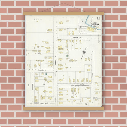 Old map wall art mockup — magnetic wood frame on brick wall — Sanborn Fire Insurance Map from Riverhead, Suffolk County, New York (1909), Sheet #0011