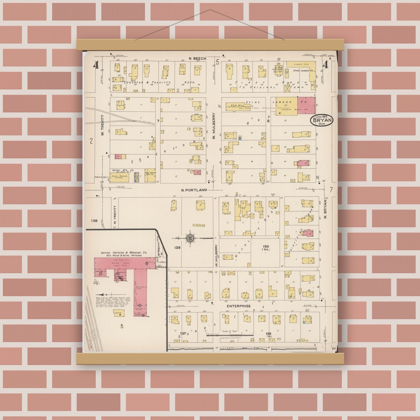 Old map wall art mockup — magnetic wood frame on brick wall — Sanborn Fire Insurance Map from Bryan, Williams County, Ohio (1923), Sheet #0004