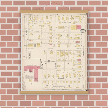Old map wall art mockup — magnetic wood frame on brick wall — Sanborn Fire Insurance Map from Bryan, Williams County, Ohio (1923), Sheet #0004