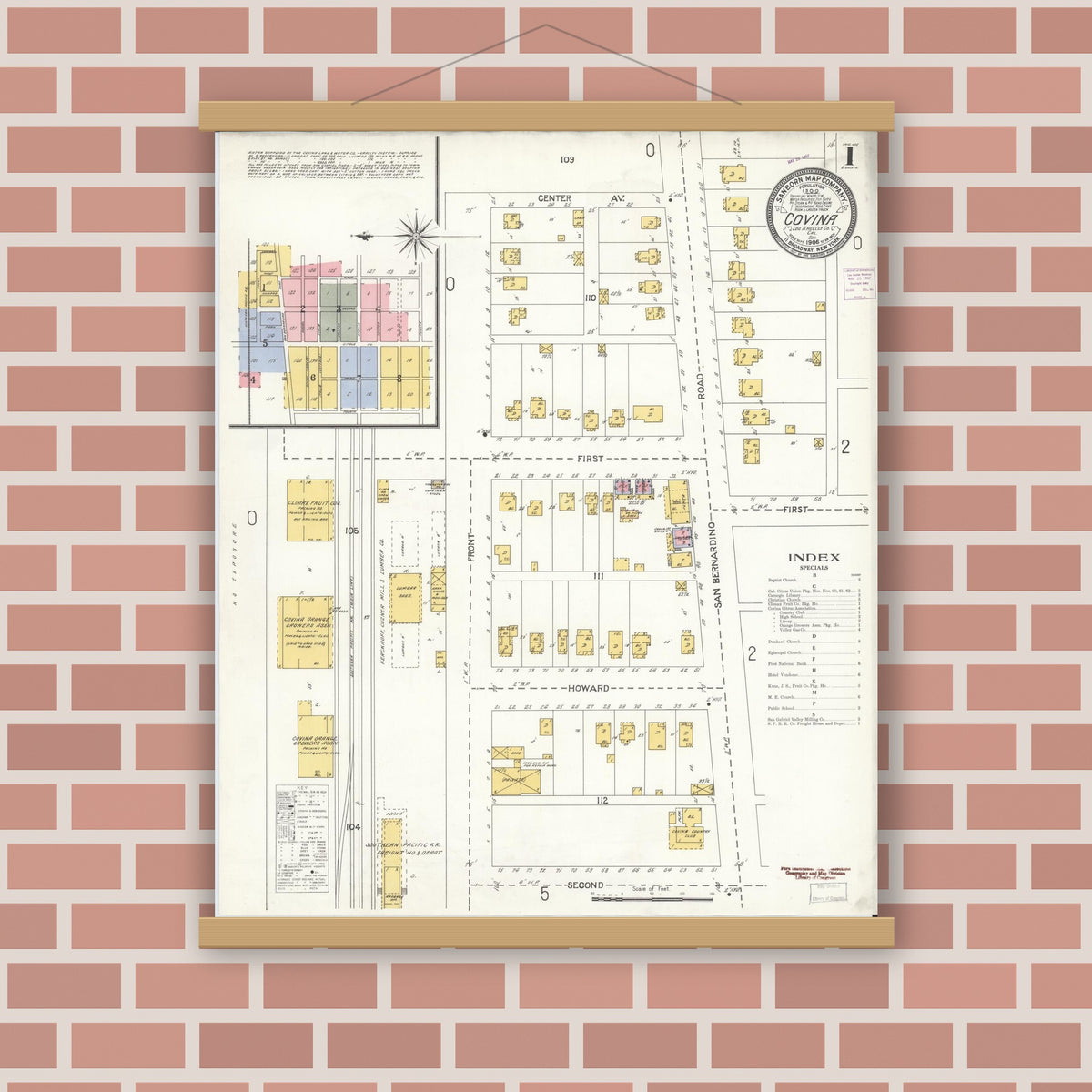 Old map wall art mockup — magnetic wood frame on brick wall — Sanborn Fire Insurance Map from Covina, Los Angeles County, California (1906), Sheet #0001