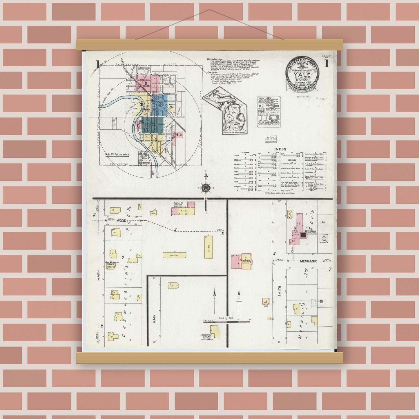 Old map wall art mockup — magnetic wood frame on brick wall — Sanborn Fire Insurance Map from Yale, Saint Clair County, Michigan (1924) - Complete Map Set