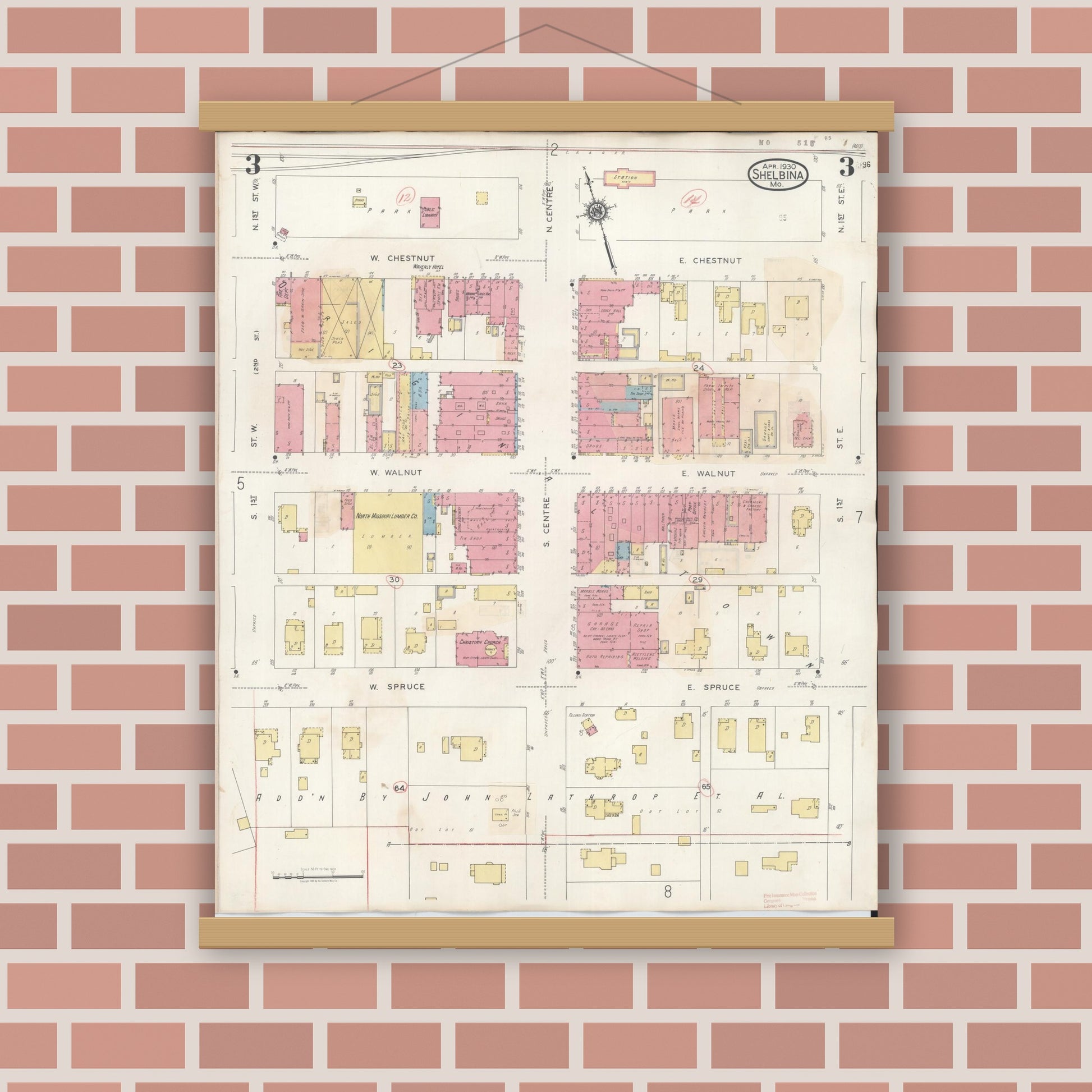 Old map wall art mockup — magnetic wood frame on brick wall — Sanborn Fire Insurance Map from Shelbina, Shelby County, Missouri (1943), Sheet #0003
