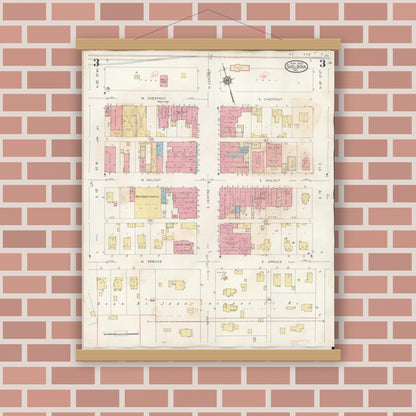 Old map wall art mockup — magnetic wood frame on brick wall — Sanborn Fire Insurance Map from Shelbina, Shelby County, Missouri (1943), Sheet #0003