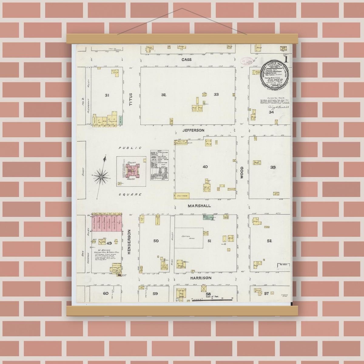 Old map wall art mockup — magnetic wood frame on brick wall — Sanborn Fire Insurance Map from Gilmer, Upshur County, Texas (1891), Sheet #0001