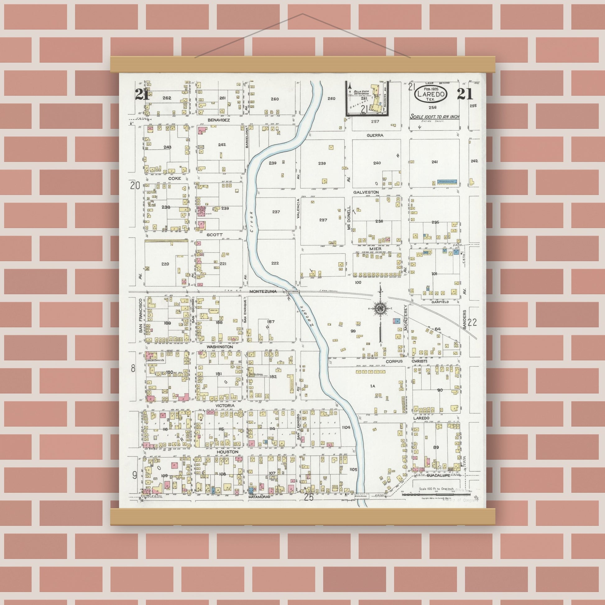 Old map wall art mockup — magnetic wood frame on brick wall — Sanborn Fire Insurance Map from Laredo, Webb County, Texas (1925), Sheet #0021