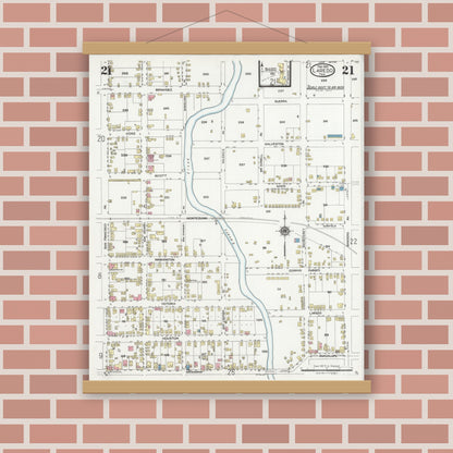 Old map wall art mockup — magnetic wood frame on brick wall — Sanborn Fire Insurance Map from Laredo, Webb County, Texas (1925), Sheet #0021