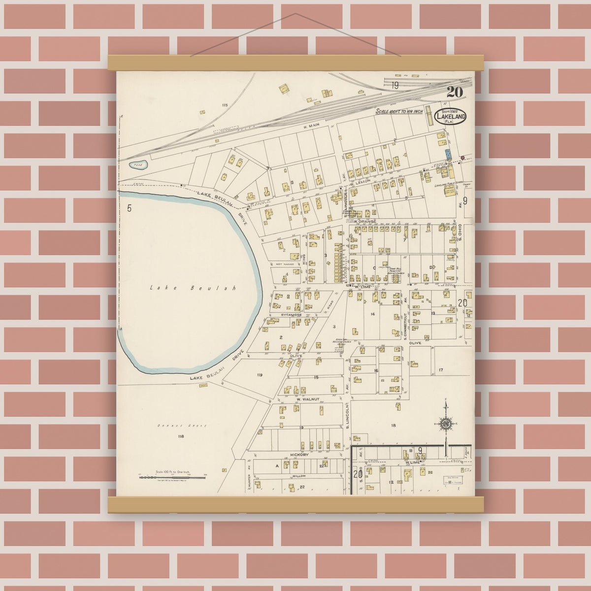 Old map wall art mockup — magnetic wood frame on brick wall — Sanborn Fire Insurance Map from Lakeland, Polk County, Florida (1922), Sheet #0020