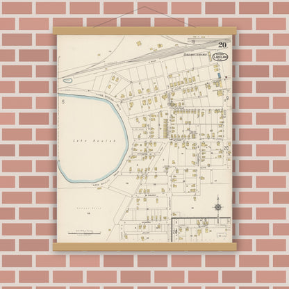 Old map wall art mockup — magnetic wood frame on brick wall — Sanborn Fire Insurance Map from Lakeland, Polk County, Florida (1922), Sheet #0020