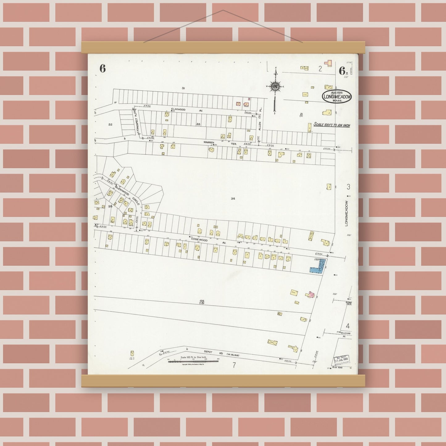 Old map wall art mockup — magnetic wood frame on brick wall — Sanborn Fire Insurance Map from Longmeadow, Hampden County, Massachusetts (1924), Sheet #0006