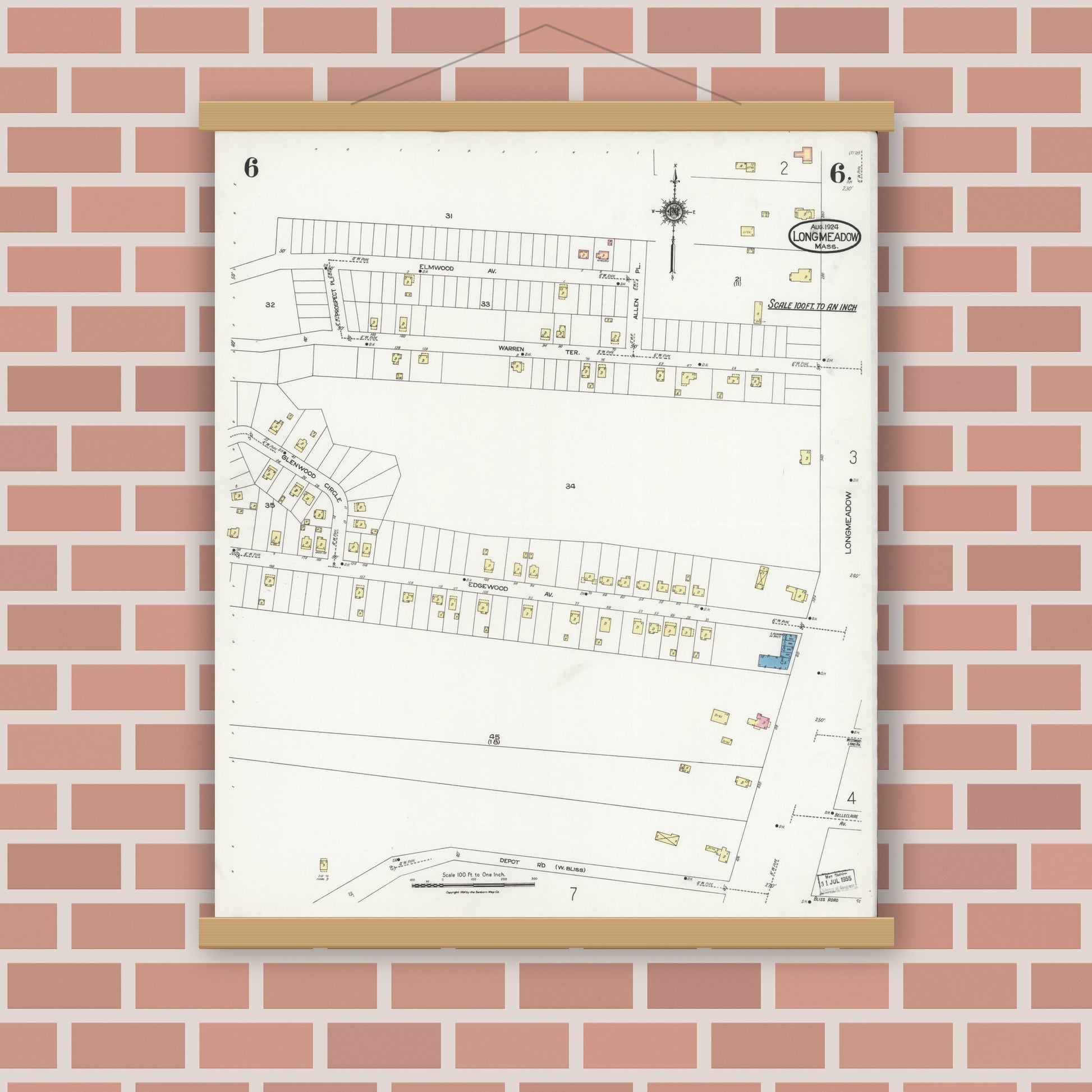 Old map wall art mockup — magnetic wood frame on brick wall — Sanborn Fire Insurance Map from Longmeadow, Hampden County, Massachusetts (1924), Sheet #0006