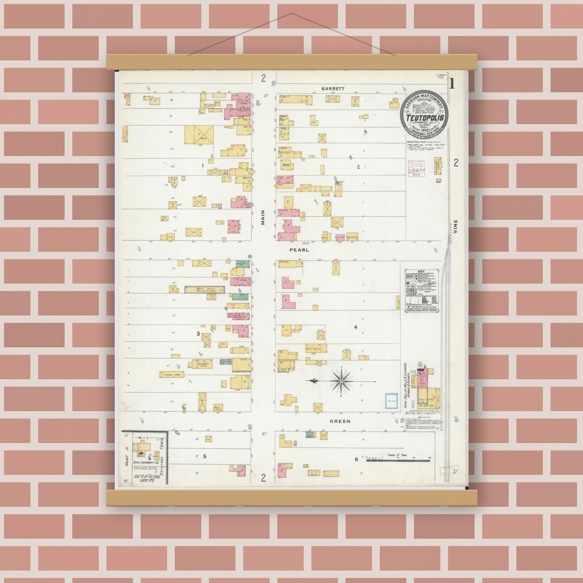 Old map wall art mockup — magnetic wood frame on brick wall — Sanborn Fire Insurance Map from Teutopolis, Effingham County, Illinois (1906), Sheet #0001