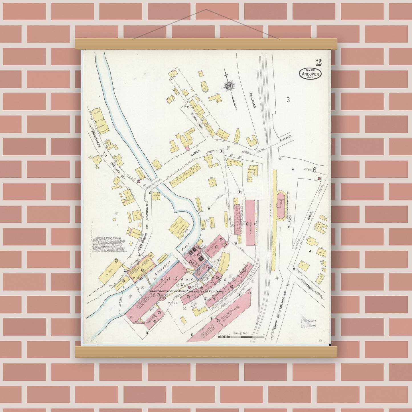 Old map wall art mockup — magnetic wood frame on brick wall — Sanborn Fire Insurance Map from Andover, Essex County, Massachusetts (1911), Sheet #0002