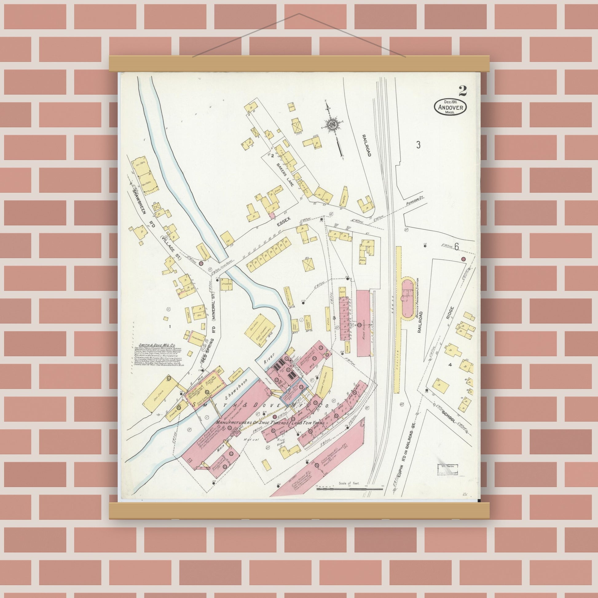 Old map wall art mockup — magnetic wood frame on brick wall — Sanborn Fire Insurance Map from Andover, Essex County, Massachusetts (1911), Sheet #0002