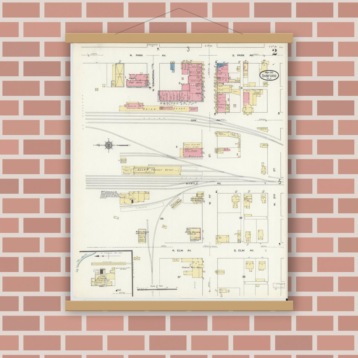 Old map wall art mockup — magnetic wood frame on brick wall — Sanborn Fire Insurance Map from Sanford, Seminole County, Florida (1912), Sheet #0002