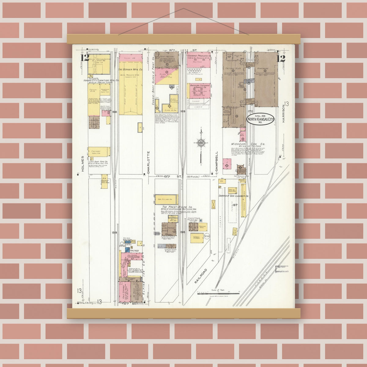 Old map wall art mockup — magnetic wood frame on brick wall — Sanborn Fire Insurance Map from North Kansas City, Clay County, Missouri (1926), Sheet #0012