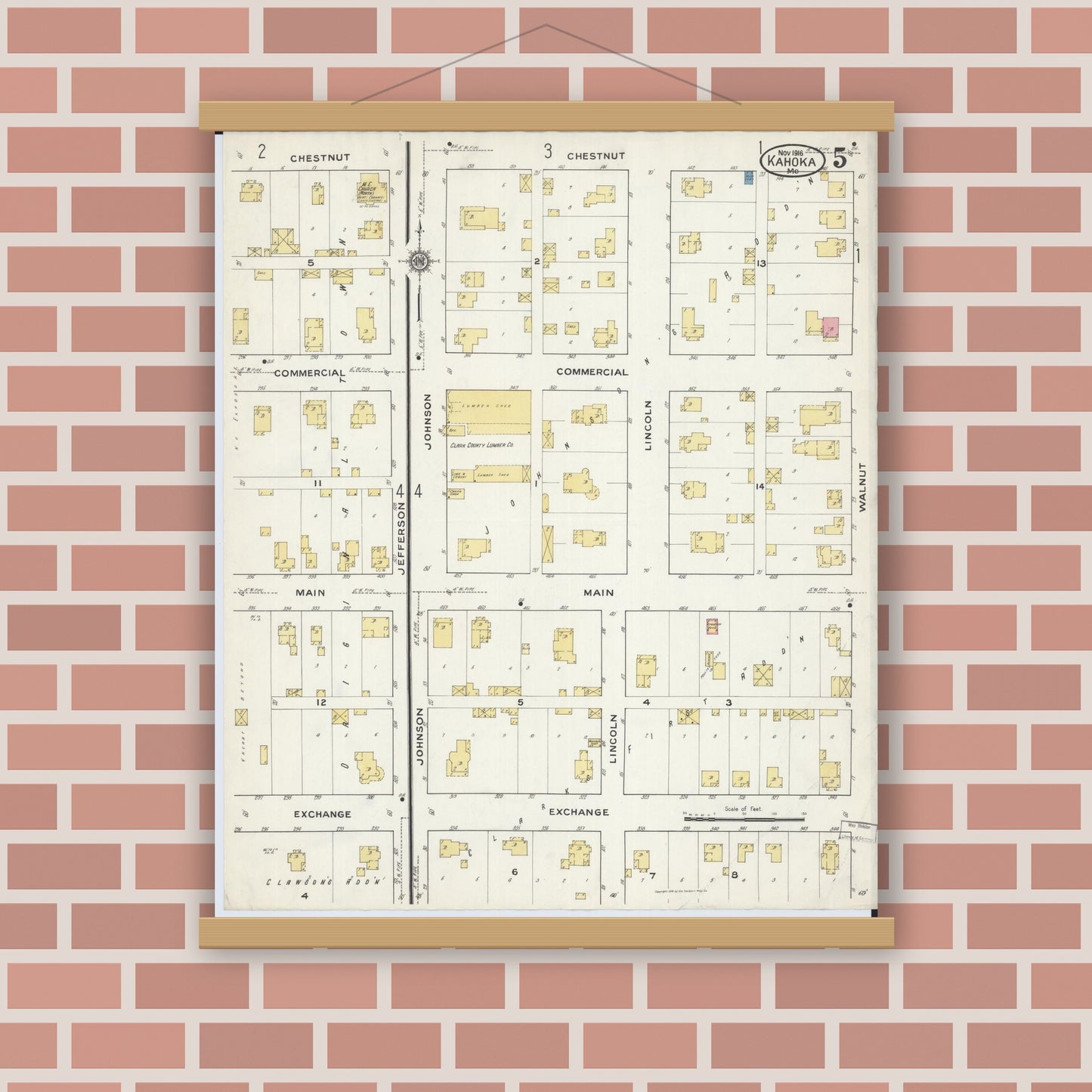 Old map wall art mockup — magnetic wood frame on brick wall — Sanborn Fire Insurance Map from Kahoka, Clark County, Missouri (1916), Sheet #0005