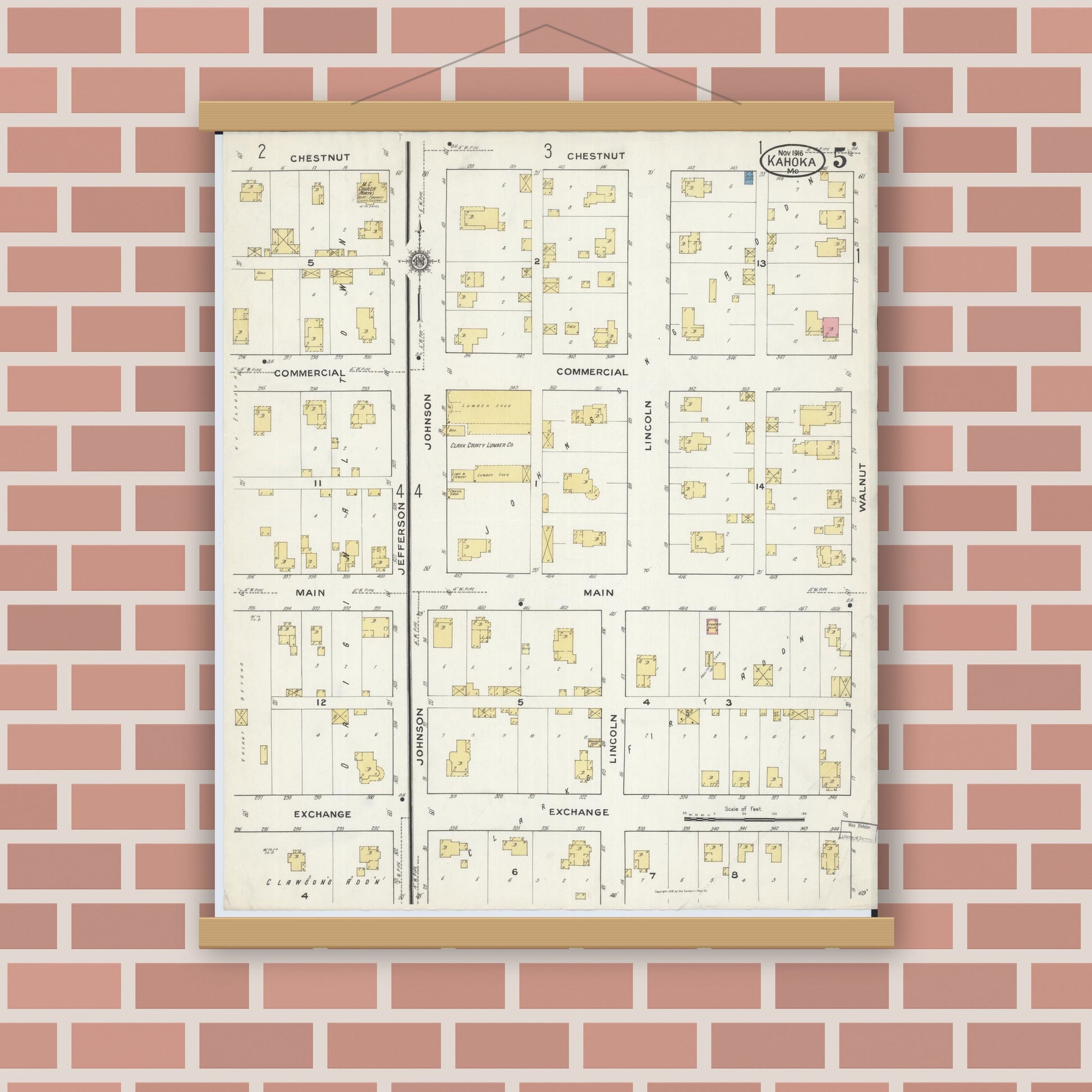 Old map wall art mockup — magnetic wood frame on brick wall — Sanborn Fire Insurance Map from Kahoka, Clark County, Missouri (1916), Sheet #0005