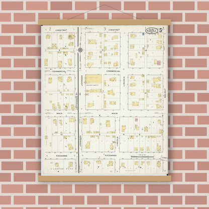Old map wall art mockup — magnetic wood frame on brick wall — Sanborn Fire Insurance Map from Kahoka, Clark County, Missouri (1916), Sheet #0005