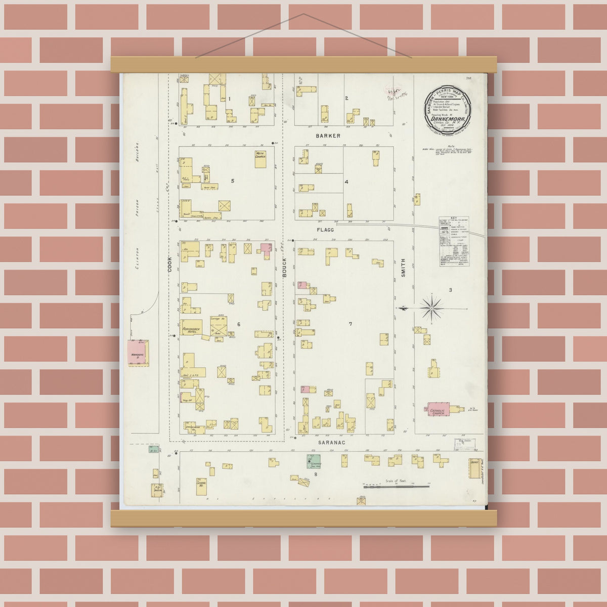 Old map wall art mockup — magnetic wood frame on brick wall — Sanborn Fire Insurance Map from Dannemora, Clinton County, New York (1896), Sheet #0001