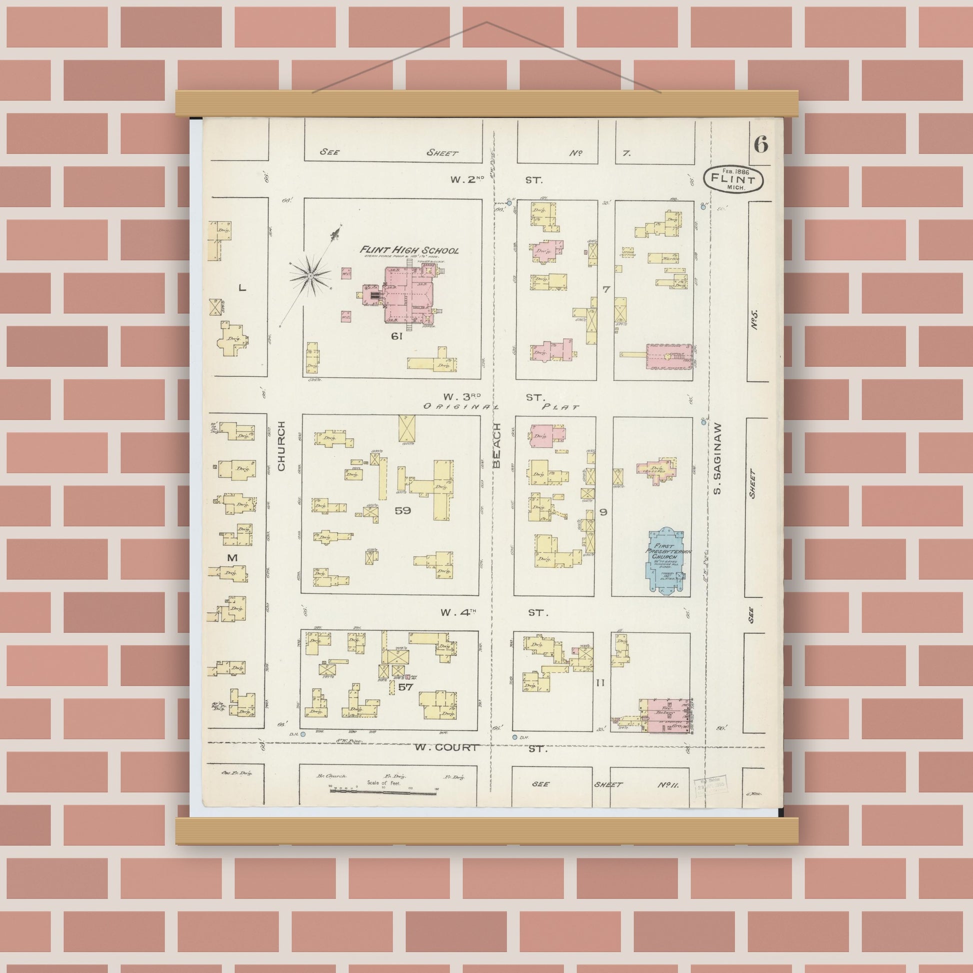 Old map wall art mockup — magnetic wood frame on brick wall — Sanborn Fire Insurance Map from Flint, Genesee County, Michigan (1886), Sheet #0006