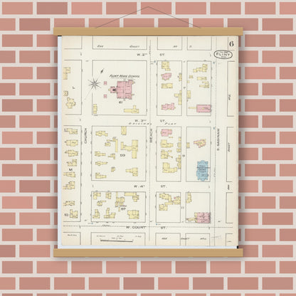 Old map wall art mockup — magnetic wood frame on brick wall — Sanborn Fire Insurance Map from Flint, Genesee County, Michigan (1886), Sheet #0006