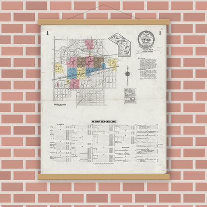 Old map wall art mockup — magnetic wood frame on brick wall — Sanborn Fire Insurance Map from Wayne, Wayne County, Michigan (1926) - Complete Map Set