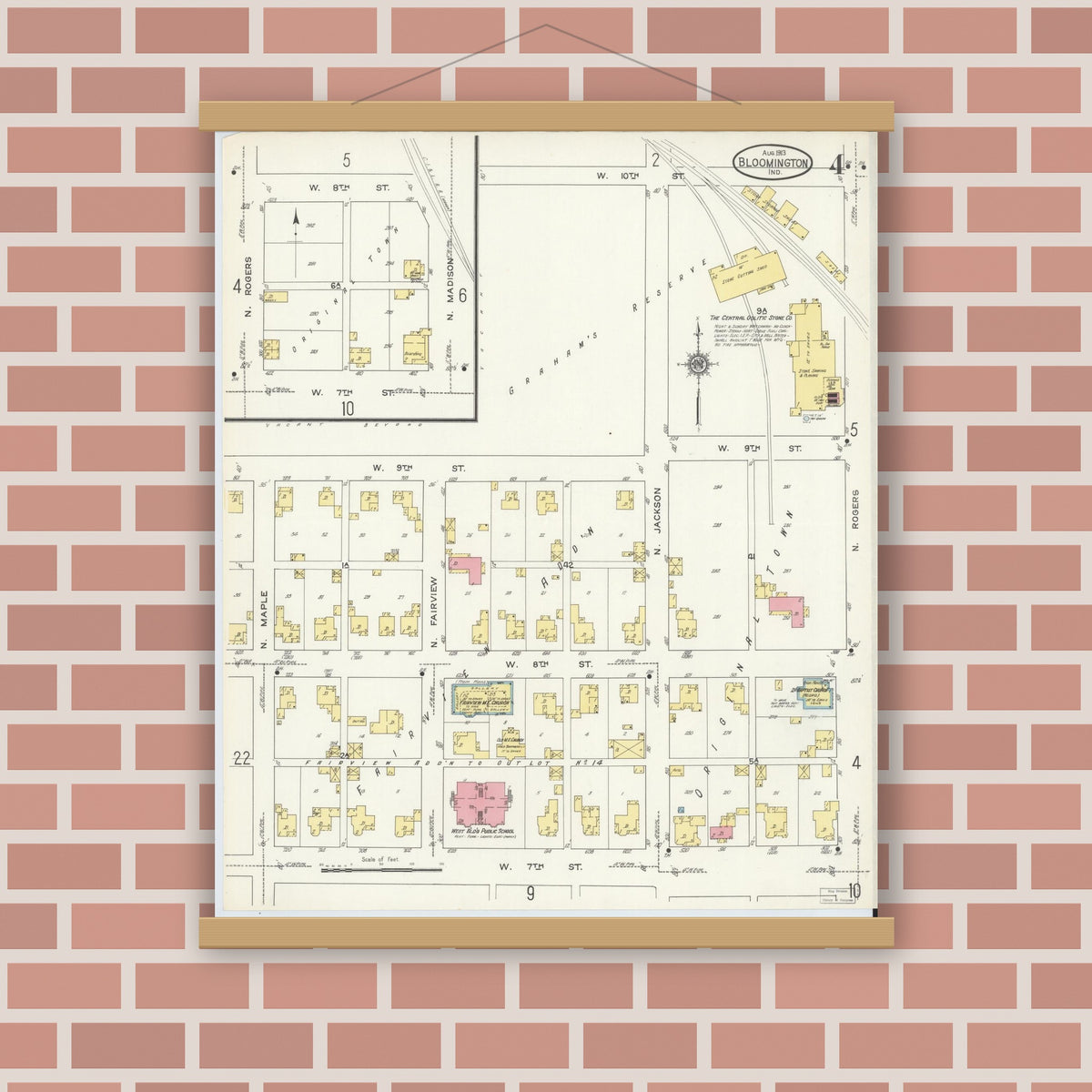 Old map wall art mockup — magnetic wood frame on brick wall — Sanborn Fire Insurance Map from Bloomington, Monroe County, Indiana (1913), Sheet #0004